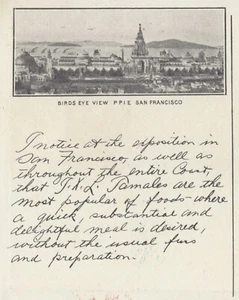 PPIE San Francisco, Califorina Panamá Pacífico 1915 Expo - Publicidad de tamales - Imagen 1 de 3