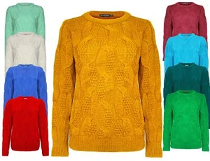 New Ladies Women Knitted Sweater Crew Neck Cable Knit Jumper Top Long Sleeve - Picture 1 of 14
