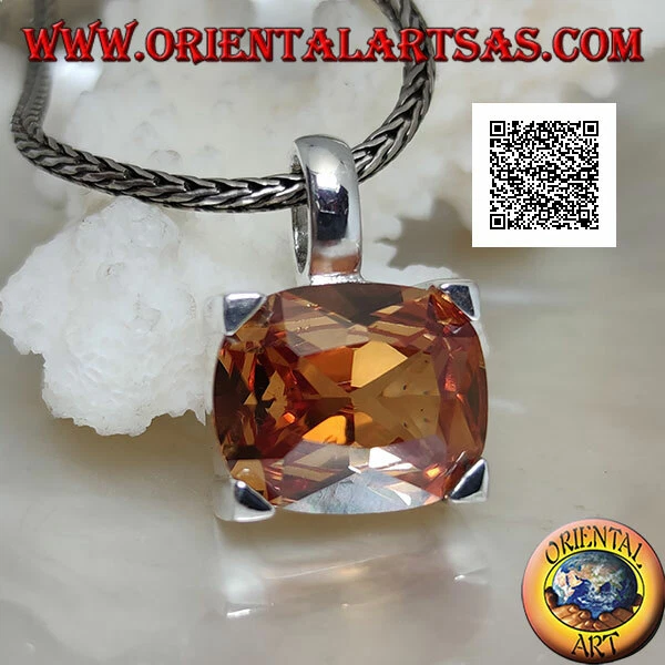 Ciondolo in Argento 925‰ rodiato con zircone champagne ovale in un rettangolo - Immagine 1 di 1