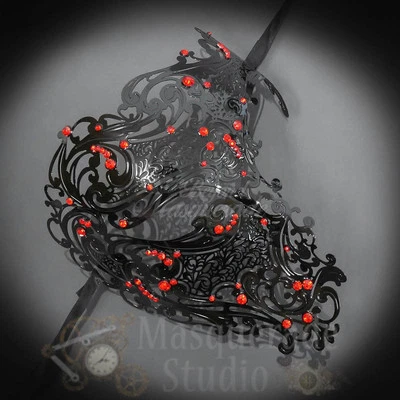 Womens Half Skull Phantom Metal Masquerade Mask [Black with Red Rhinestone] - Image 1 of 4