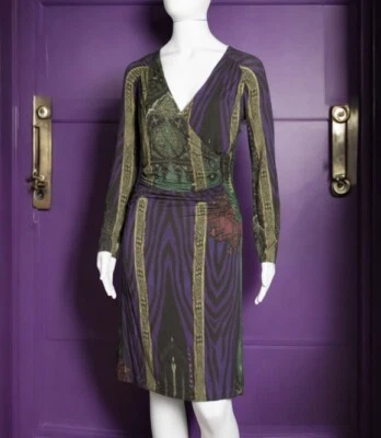 Vestido Etro Italia Púrpura Verde Multi Paisley Manga Larga Cuello en V Talla 42 M EE. UU. 6 Foto 1 de 4
