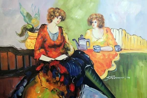 Redhead Ladies Sisters 1920s Coffee House Tea Cafe 24X36 Oil Painting STRETCHED - Picture 1 of 3