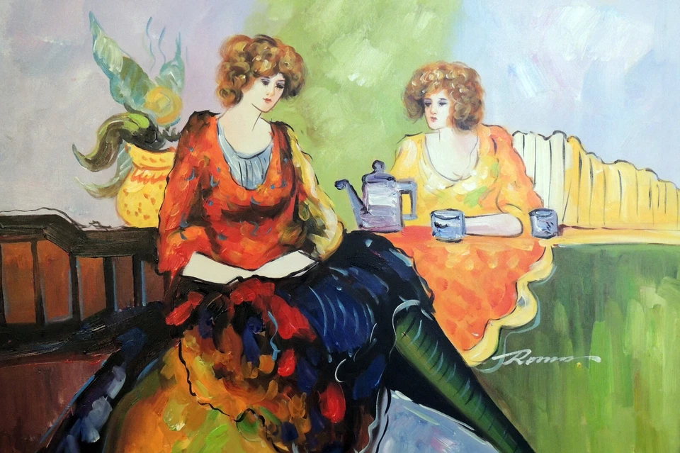 Pintura al óleo estirada 24x36 de café café cafetería pelirroja damas hermanas años 20 Foto 1 de 3