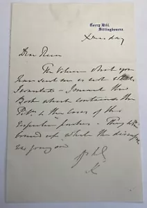 Carta manuscrita del barón Kingsdown Thomas Leigh Pemberton del siglo XIX - Imagen 1 de 2