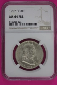 Full Bell Lines 1957 D MS 64 FBL Ben Franklin Half Dollar Silver Coin NGC 780 - Picture 1 of 3