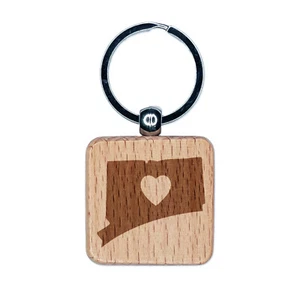 Connecticut State with Heart Engraved Wood Square Keychain Tag Charm - Picture 1 of 6