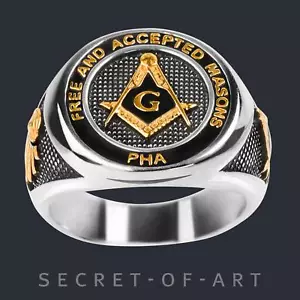 Masonic Ring for Freemason Masonry PHA Prince Hall 925 Silver & 18K-Gold-Plated - Picture 1 of 12