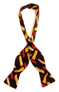 Vintage CAMILLA SMITH Pure SILK Bow Tie Self Tie Black Gold Multi Design - Picture 1 of 9