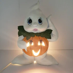 VTG Halloween Ceramic Jack-o-lantern Ghost Pumpkin Hand Painted Mold Light 12” - Picture 1 of 24