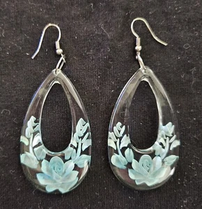 Light Blue Earrings Roses Engraved in Clear Acrylic - Floral Dangle Earrings - Picture 1 of 3