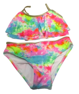 Betsey Johnson Girls Bathing Suit Size 10 Tie Dye 2-pc Metallic Gold Trim Cute! - Picture 1 of 12