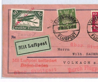 GERMANY Air Mail FLIGHT Cover Baden 1925 Stuttgart INVALID? 40pf Biplane YV322 - Image 1 of 4