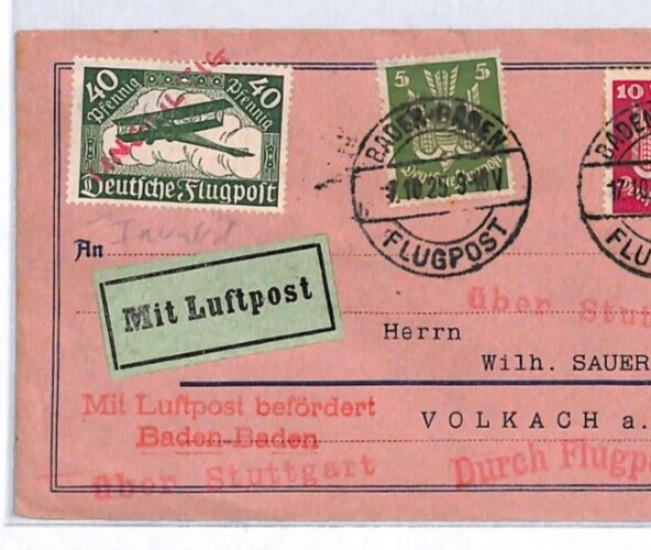 GERMANY Air Mail FLIGHT Cover Baden 1925 Stuttgart INVALID? 40pf Biplane YV322 - Image 1 of 4