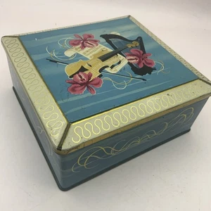 Vintage Biscuit Tin Harp Violin Gold 1969s Square Great Britain 1950s 60s - Picture 1 of 8