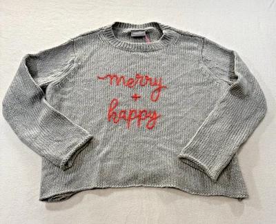 Wooden Ships Womens Sz S/M Merry & Happy Sweater Christmas Gray Pullover Knit - Image 1 of 4