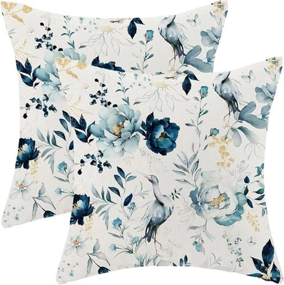 Juego de 2 fundas de almohada de primavera de 18x18 pulgadas azul marino verde azulado aguamarina flor vintage Foto 1 de 4