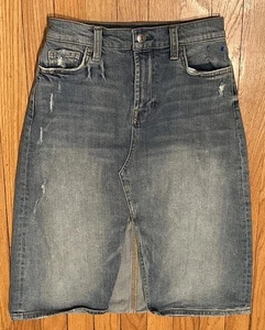 7 For All Mankind Medium Wash Distressed Denim einfacher Midirock mit Schlitz Größe 25 - Bild 1 von 10