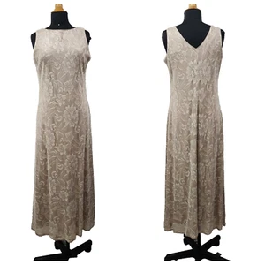 Vintage Harlow Nites Beige Gold Crochet Maxi Dress Sheer Lined V-Neck Size 16 - Picture 1 of 24
