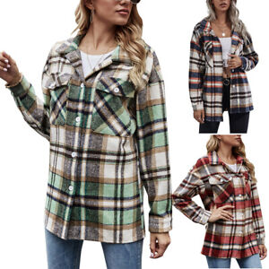 Reino Unido de Gran tamaño Abrigo chaqueta informal holgados Top para mujer Shacket Camisa Túnica de comprobación de lana