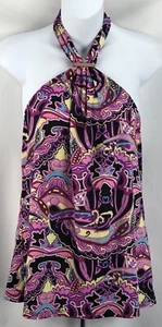 Vintage psychedelic Halter top L purple Geometric Charm Tie Neck 90s Retro - Picture 1 of 5