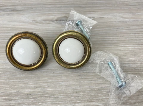 2- National 3785 White Porcelain and Brass 1940 Pull Knob Door Drawer MCM Cover