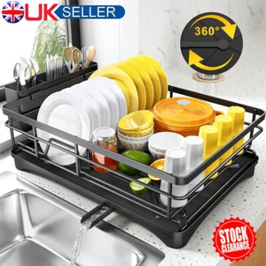 Dish Drainer Rack Kitchen Sink Drying Rack Bowl Plate Holder W/360°Drip Tray UK - Picture 1 of 27