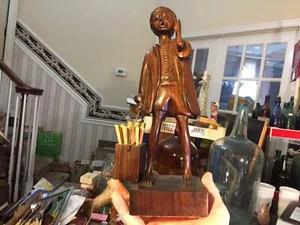 vintage  wood hand carved carving of boy smoking incense burner nice - Picture 1 of 12