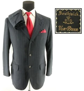 Southwick Men's Gray Pinstripe Tailored 100% Summer Wool Flat Front Suit Sz 40R - Picture 1 of 15