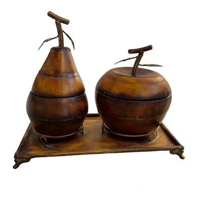 Decoración de metal de pera y manzana con bandeja cubiertas extraíbles de bronce Foto 1 de 4