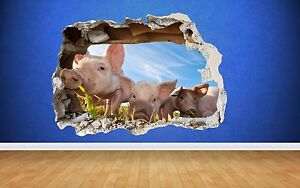 Pigs 3D Art Smashed Wall Farm Bedroom Animals Country Decal Stickers boys girls