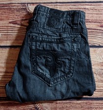 ROCK REVIVAL JASON SZ 34 (35W×33L) BOOTCUT EMBROIDERED POCKETS BLACK JEANS EUC 