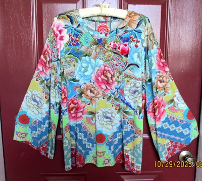 Johnny Was Pullover Top LARGE Asian Floral Flare Sleeves Round Neck Machine Wash - Image 1 of 4