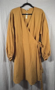 MADEWELL New Wrap Dress Size Small S Women’s Linen-Blend Balloon Sleeve Mustard - Picture 1 of 14