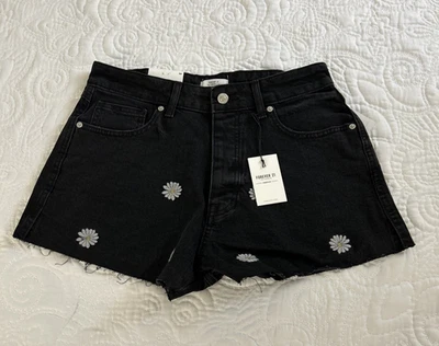 Pantalones Cortos Denim Forever 21 Mujer Talla 30 Bordados Margaritas Negros Corte Nuevos con Etiquetas Foto 1 de 4