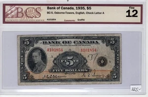 Banco de Canadá 1935 $5 cinco dólares Osborne-Towers cheque carta A Fine-12 BCS - Imagen 1 de 2