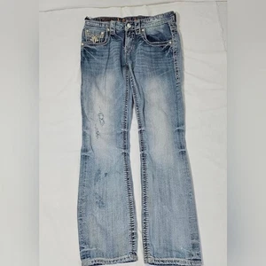 Pantalones de mezclilla Rock Revival Jerome rectos azules desgastados para hombre 30x31 100 % algodón - Imagen 1 de 8