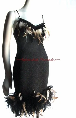 Vestido de fiesta negro elástico de encaje quimise plumas Shirley of Hollywood M L D497 Foto 1 de 4