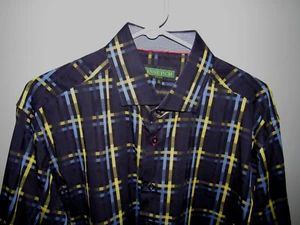 INSERCH ICON Mens Jacquard Button Up Shirt XL Blue Yellow Plaid Long Slv Cotton - Picture 1 of 5