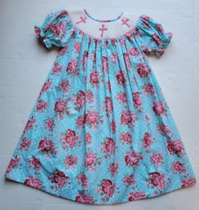 Girls 5T Size 5 Addie Hadlie Smocked Cross & Blue & Pink Floral Bishop Dress - Picture 1 of 9