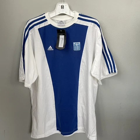 Greece Adidas Large Tshirt New old stock early 2000 White Blue Soccer Football Cover