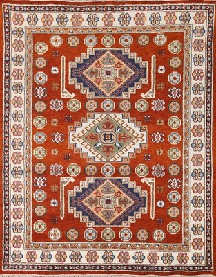 Geometric Kazak Orange/ Ivory Area Rug 7'x8' Hand-knotted For Living Room Carpet - Image 1 of 4
