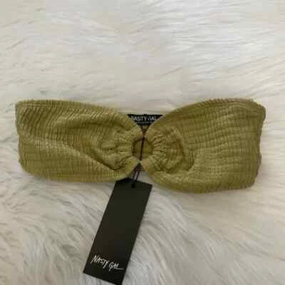 NEW wTag-Nasty Gal Khaki Green Bandeau O Ring Crinkle Bikini Top Sz 2 - Image 1 of 2