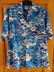 Hana Fashion Blue Hawaiian Shirt Men's XL Hibiscus Palm Tree Aloha Camp Lounge  - Picture 1 of 6