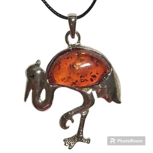 Flamingo Necklace Pendant Faux Honey Amber 18" Silver Plated Crystal Island Bird - Picture 1 of 11