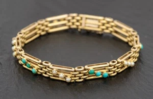 Vintage 14ct Gold Seed Pearl & Turquoise Bracelet In Goldsmiths Box Early 20th C - Picture 1 of 10