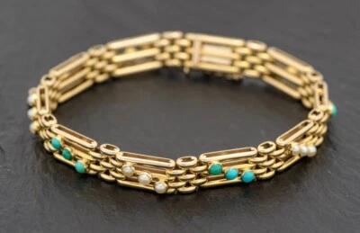 Vintage 14ct Gold Seed Pearl & Turquoise Bracelet In Goldsmiths Box Early 20th C - Image 1 of 4
