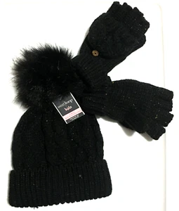 Kids Black Sparkle Pom Beanie Hat & Fingerless Glove Set Finger Covers One Size - Picture 1 of 14