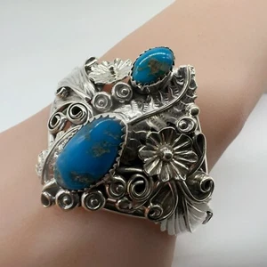 Harry B Yazzie Navajo Sterling Silver Turquoise Floral Cuff Bracelet 29.9g #ygo - Picture 1 of 10
