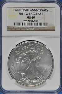 2011 W Burnished 1 OZ Silver American Eagle NGC MS 69 25th Anniversary - Picture 1 of 2
