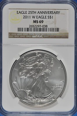 2011 W Burnished 1 OZ Silver American Eagle NGC MS 69 25th Anniversary - Image 1 of 2